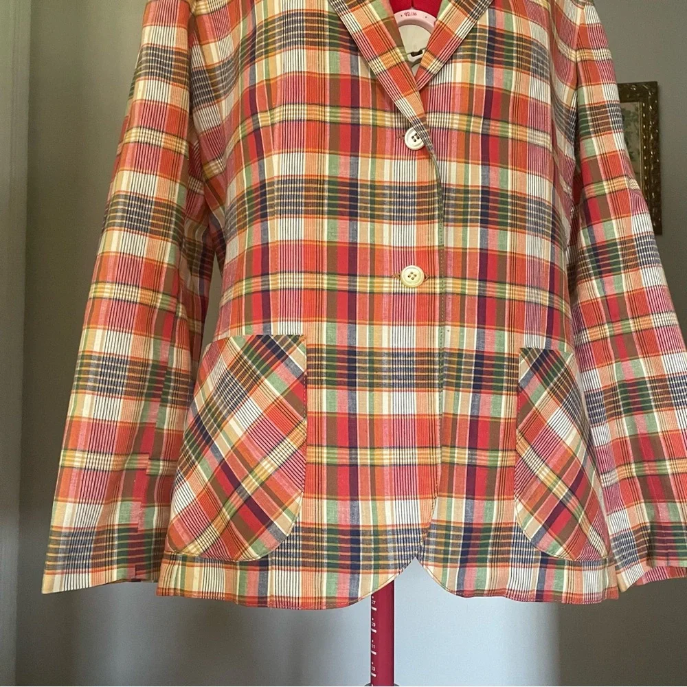 Vintage 1970s Orange Plaid Blazer By Prestige Of Boston Lightweight Lined Jacket - Picture 2 of 8